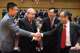 Mr Jiang Sixian, Chairperson of SJTU Council (second from right) and Mr David Mong, Chairman of the Shun Hing Education and Charity Fund (first from right) thanked Dr the Hon Sir David Li Kwok-po, Chairman and Chief Executive of the Bank of East Asia (second from left) and Mr Adrian Li Man-kiu, Deputy Chief Executive of the Bank of East Asia (first from left) for joining the naming ceremony.